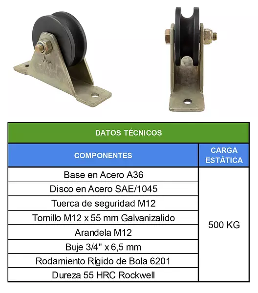Polea Antidesgaste De 3" Guaya De 1/2" Con Doble Rodamiento